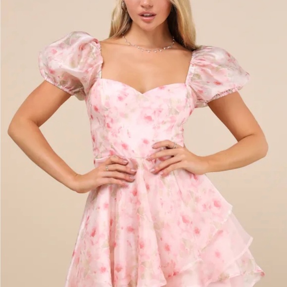Lulu's Blush Floral Mini Dress with Puff Sleeves - Picture 2 of 6
